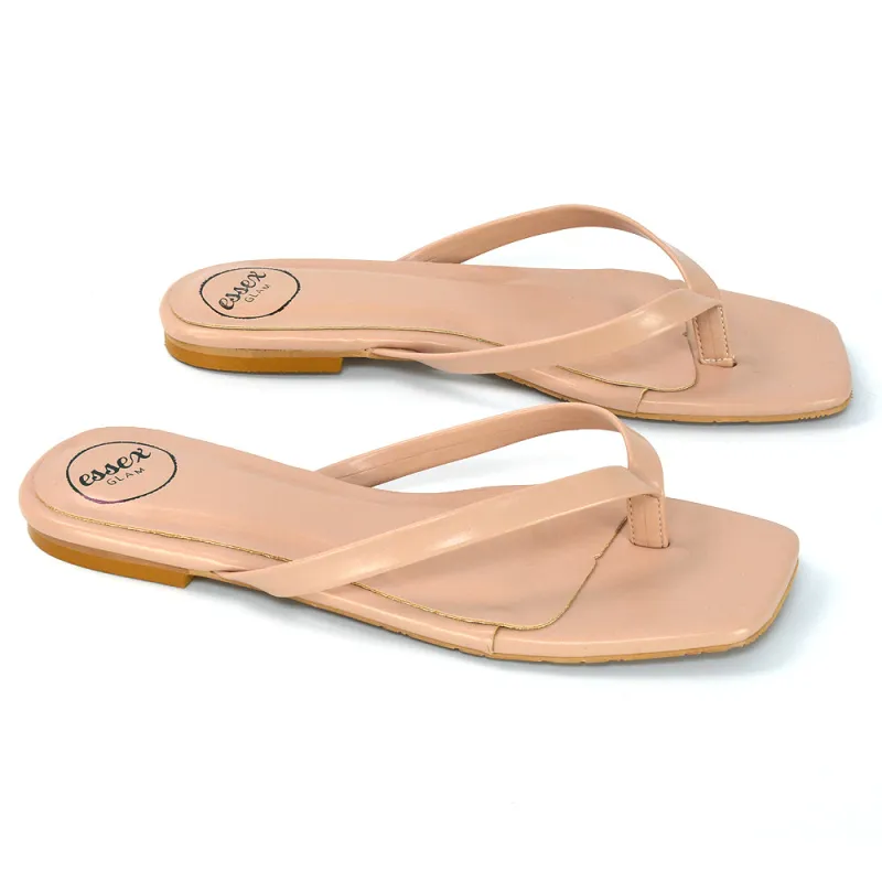 Cody Flat Slip On Square Toe Flip Flop Thong Slide Sandals In Nude Synthetic Leather sold by XYlondon
