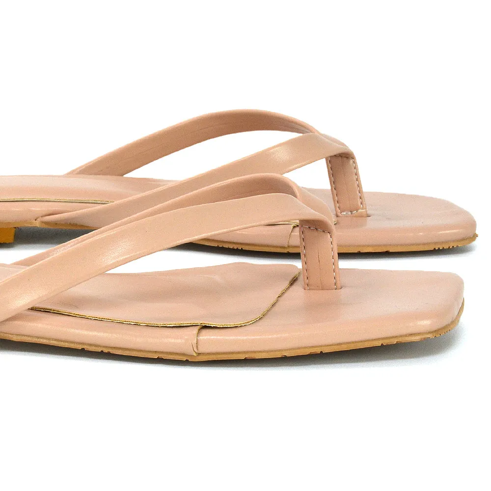 Cody Flat Slip On Square Toe Flip Flop Thong Slide Sandals In Nude Synthetic Leather sold by XYlondon product image thumbnail 4