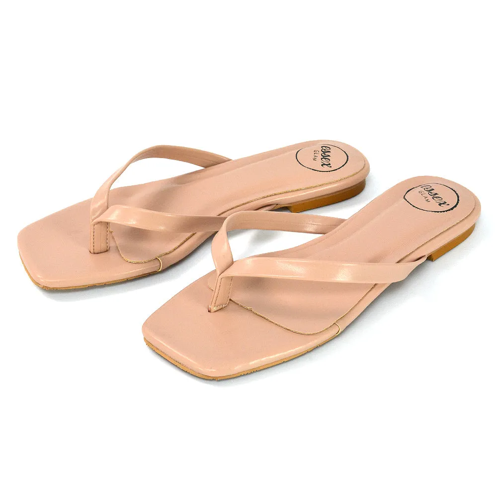 Cody Flat Slip On Square Toe Flip Flop Thong Slide Sandals In Nude Synthetic Leather sold by XYlondon product image thumbnail 5