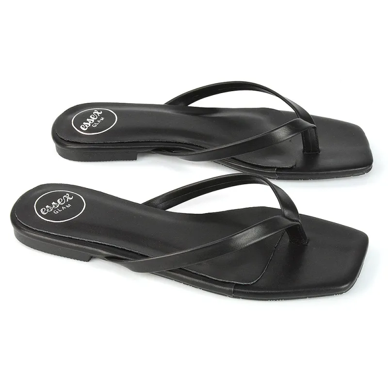 Cody Flat Slip On Square Toe Thong Flip Flop Summer Sandal Slides In Black Synthetic Leather sold by XYlondon