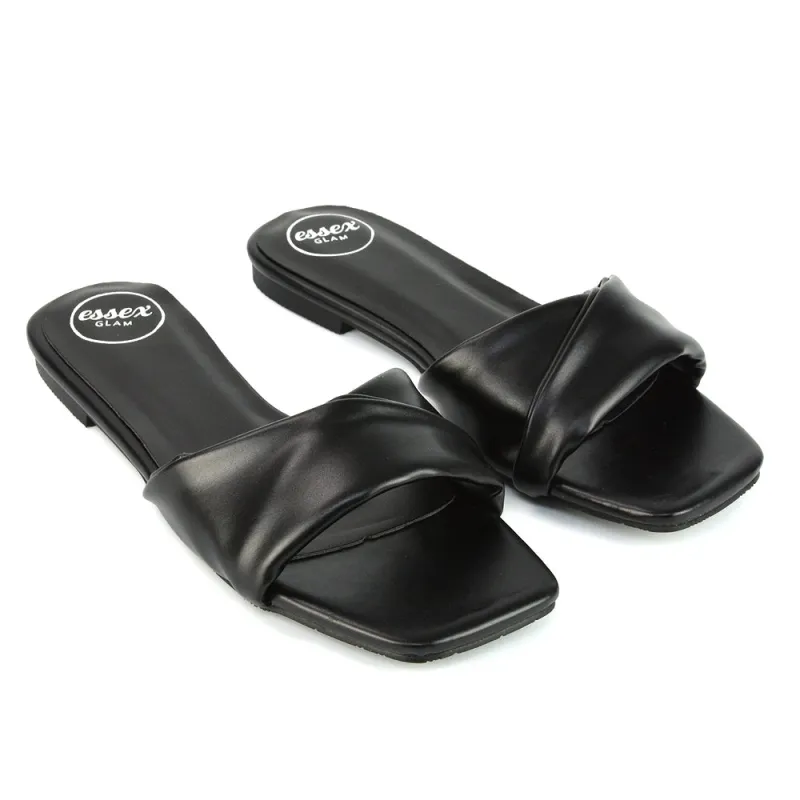 Pippa Twisted Strap Square Toe Flat Sandal Sliders in Black Synthetic Leather sold by XYlondon