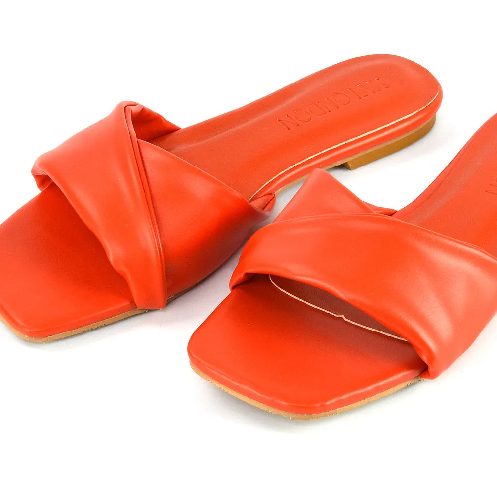 Pippa Twisted Strap Square Toe Flat Sandal Sliders in Orange Synthetic Leather sold by XYlondon product image thumbnail 2