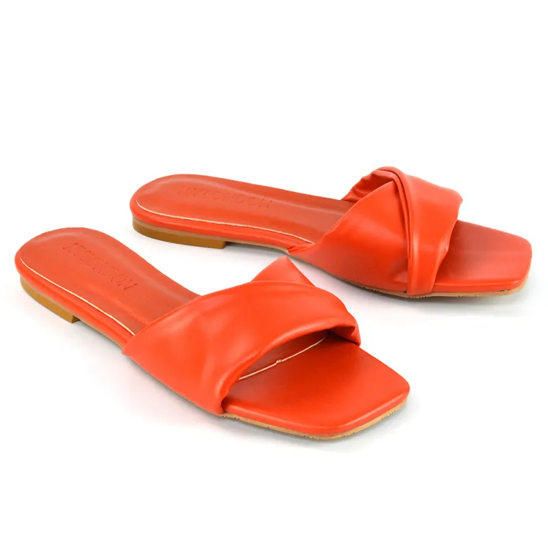 Pippa Twisted Strap Square Toe Flat Sandal Sliders in Orange Synthetic Leather sold by XYlondon