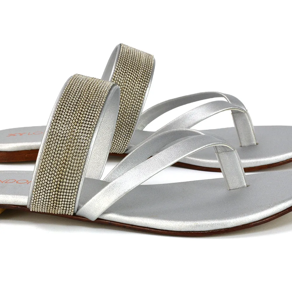 Karis Womens Flat Strappy Diamante Toe Post Flip Flop Sandals in Silver sold by XYlondon product image thumbnail 2