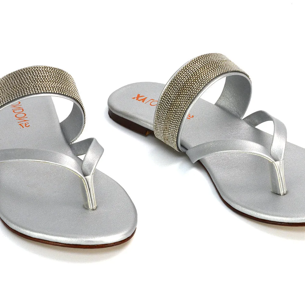 Karis Womens Flat Strappy Diamante Toe Post Flip Flop Sandals in Silver sold by XYlondon