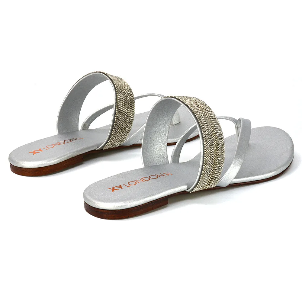 Karis Womens Flat Strappy Diamante Toe Post Flip Flop Sandals in Silver sold by XYlondon product image thumbnail 4