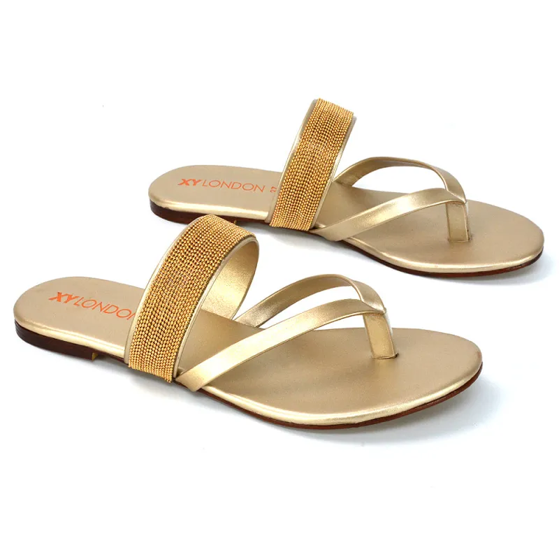 Karis Flat Strappy Toe Post Slip on Flip Flop Slides Diamante Sandals in Gold sold by XYlondon