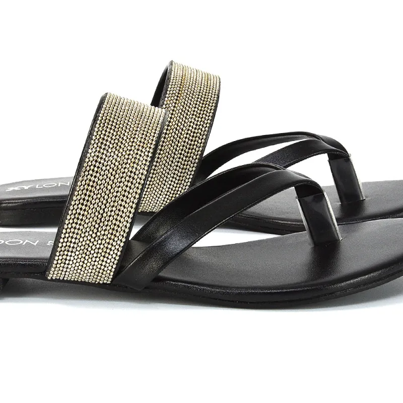 Karis Flat Strappy Toe Post Slip on Flip Flop Slides Diamante Sandals in Black sold by XYlondon