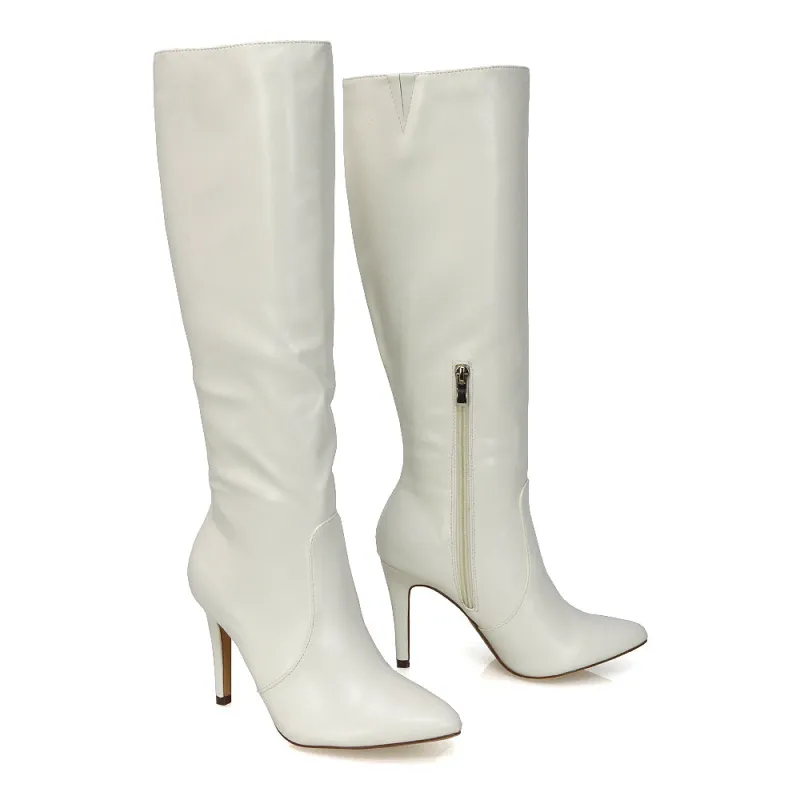 Bree Pointed Toe Zip-up Stiletto Heel Knee High Boots in White Synthetic Leather made by XYlondon