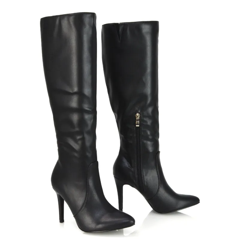 Bree Pointed Toe Zip-up Stiletto Heel Knee High Boots in Black Synthetic Leather made by XYlondon