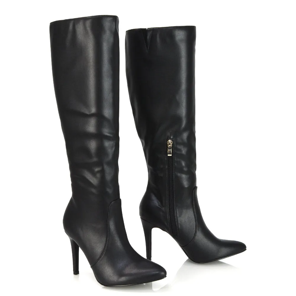 Bree Pointed Toe Zip-up Stiletto Heel Knee High Boots in Black Synthetic Leather sold by XYlondon