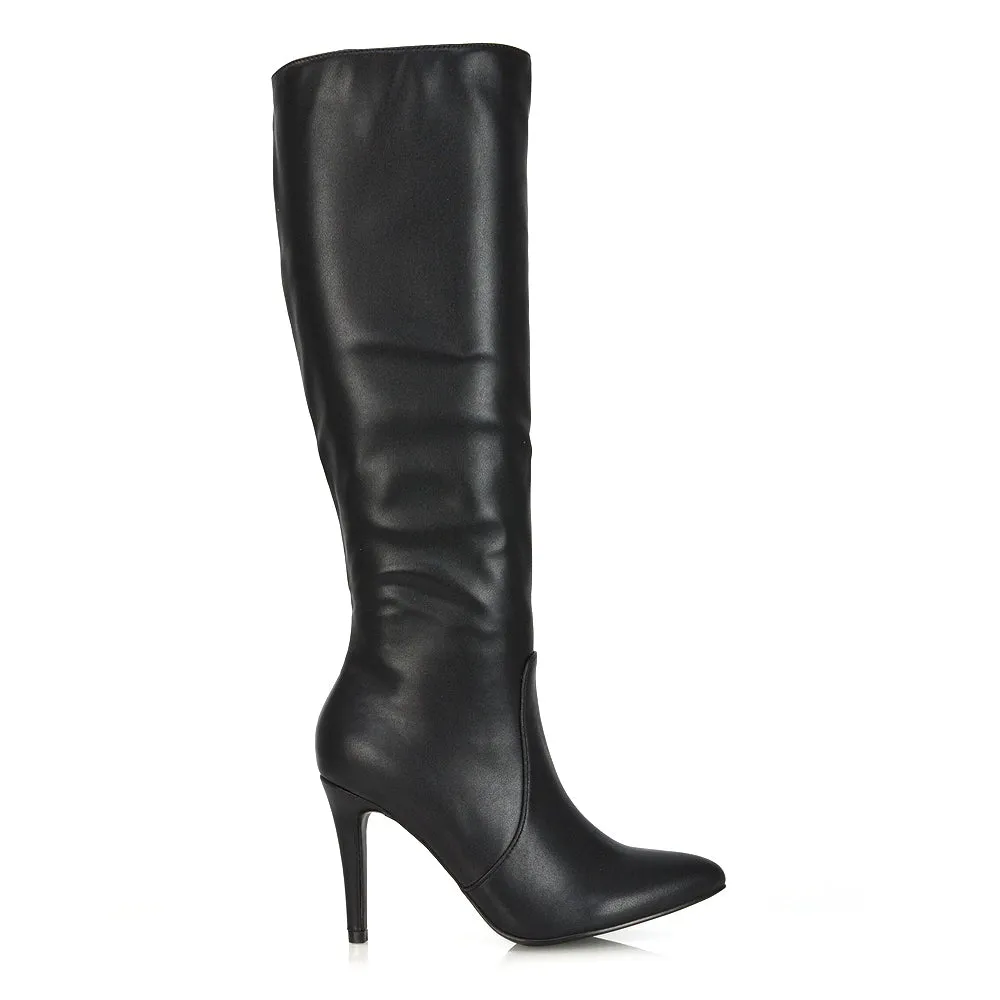 Bree Pointed Toe Zip-up Stiletto Heel Knee High Boots in Black Synthetic Leather sold by XYlondon product image thumbnail 3
