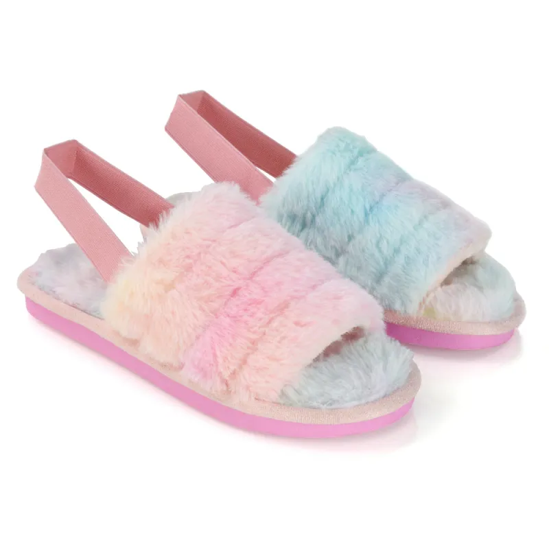 Lana Faux Fur Sling Back Ribbed Strappy Soft Cosy Fluffy Slippers in Multi sold by XYlondon
