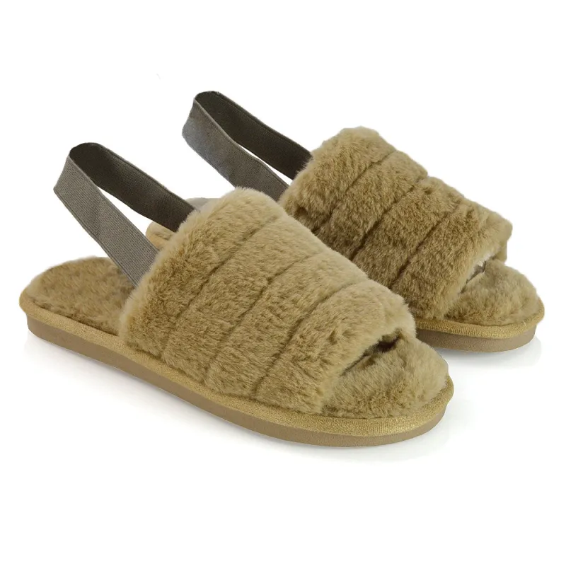 Lana Faux Fur Sling Back Ribbed Strappy Soft Cosy Fluffy Slippers in Nude sold by XYlondon