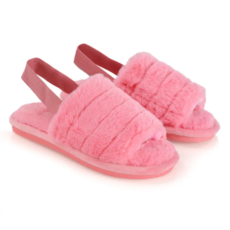Lana Faux Fur Sling Back Ribbed Strappy Soft Cosy Fluffy Slippers in Pink sold by XYlondon