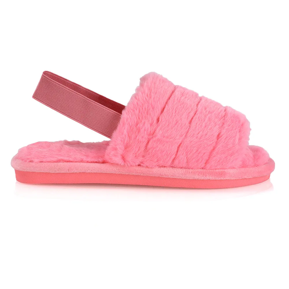 Lana Faux Fur Sling Back Ribbed Strappy Soft Cosy Fluffy Slippers in Pink sold by XYlondon product image thumbnail 3
