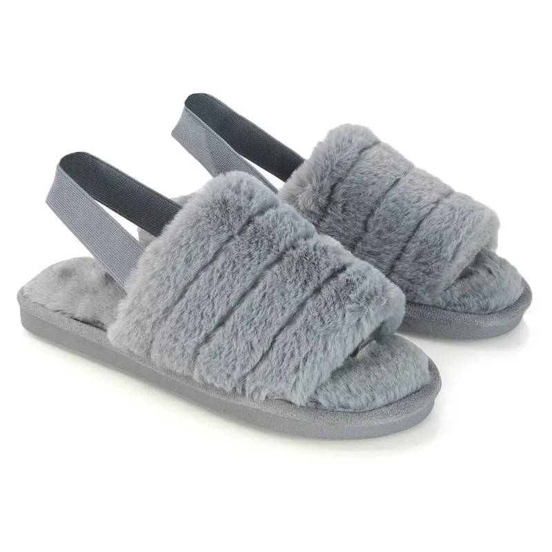 Lana Faux Fur Sling Back Ribbed Strappy Soft Cosy Fluffy Slippers in Grey sold by XYlondon