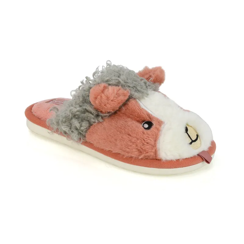 Dinah Faux Fur Fluffy Animal Design Cosy Close Toe Flat Mule Slippers in Orange sold by XYlondon