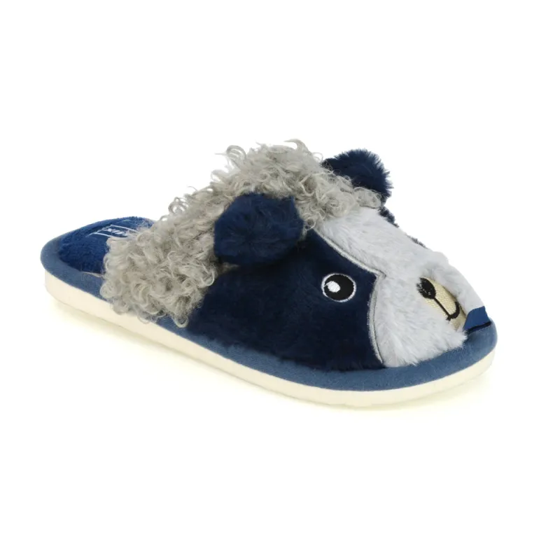 Dinah Faux Fur Fluffy Animal Design Cosy Close Toe Flat Mule Slippers in Navy sold by XYlondon