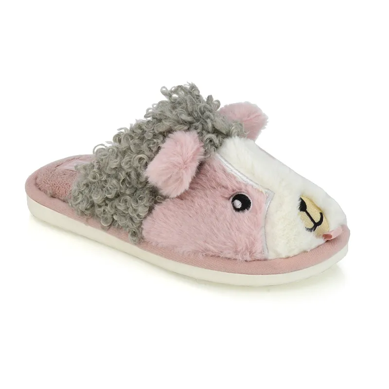 Dinah Faux Fur Fluffy Animal Design Cosy Close Toe Flat Mule Slippers in Pink sold by XYlondon