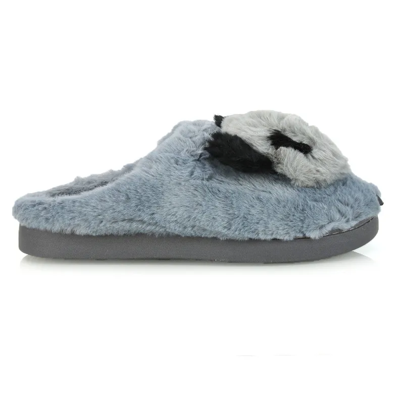 Maddie Fluffy Faux Fur Closed Toe Slip on Flat Panda Slipper Slides in Grey sold by XYlondon