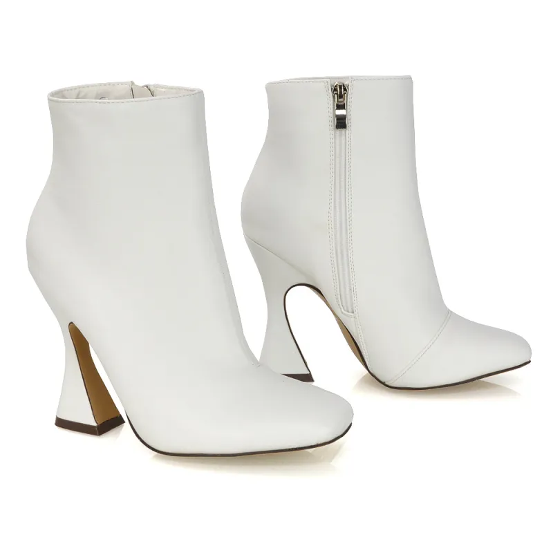 BROOKE SQUARE TOE INSIDE ZIP-UP SCULPTURED HIGH HEEL ANKLE BOOTS IN WHITE SYNTHETIC LEATHER sold by XYlondon