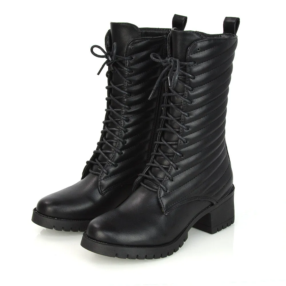 Astrid Padded Mid-Calf Low Block Heel Biker Lace up Combat Boots in Black Synthetic Leather sold by XYlondon product image thumbnail 4
