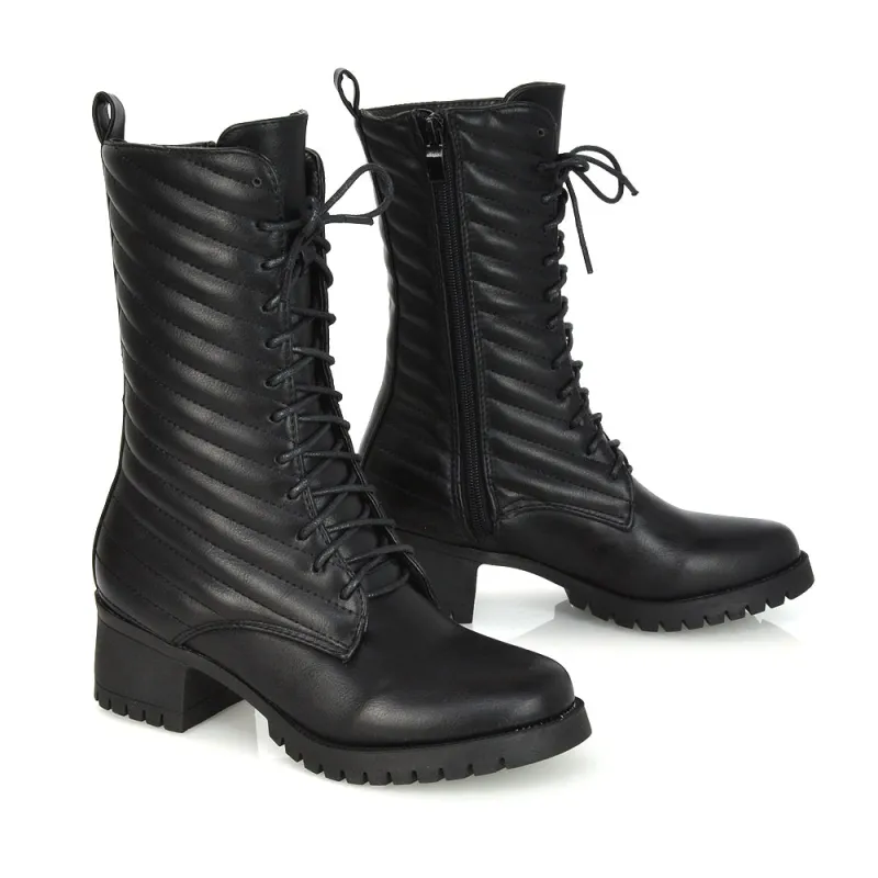 Astrid Padded Mid-Calf Low Block Heel Biker Lace up Combat Boots in Black Synthetic Leather sold by XYlondon