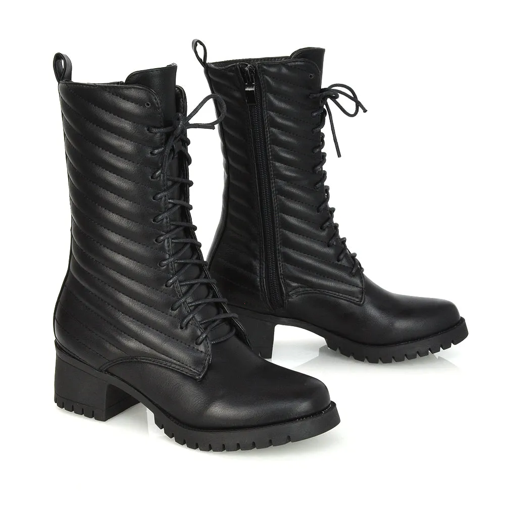 Astrid Padded Mid-Calf Low Block Heel Biker Lace up Combat Boots in Black Synthetic Leather sold by XYlondon