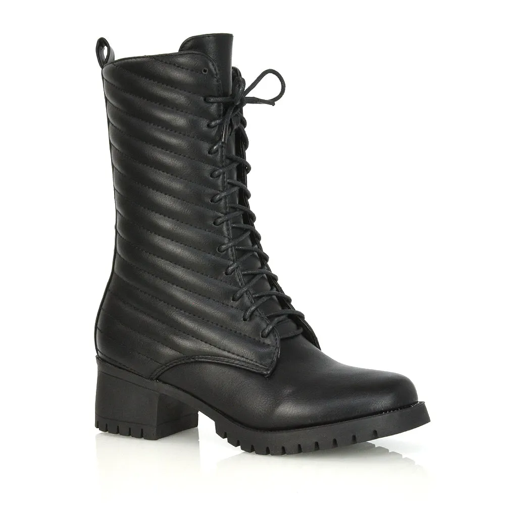 Astrid Padded Mid-Calf Low Block Heel Biker Lace up Combat Boots in Black Synthetic Leather sold by XYlondon product image thumbnail 2