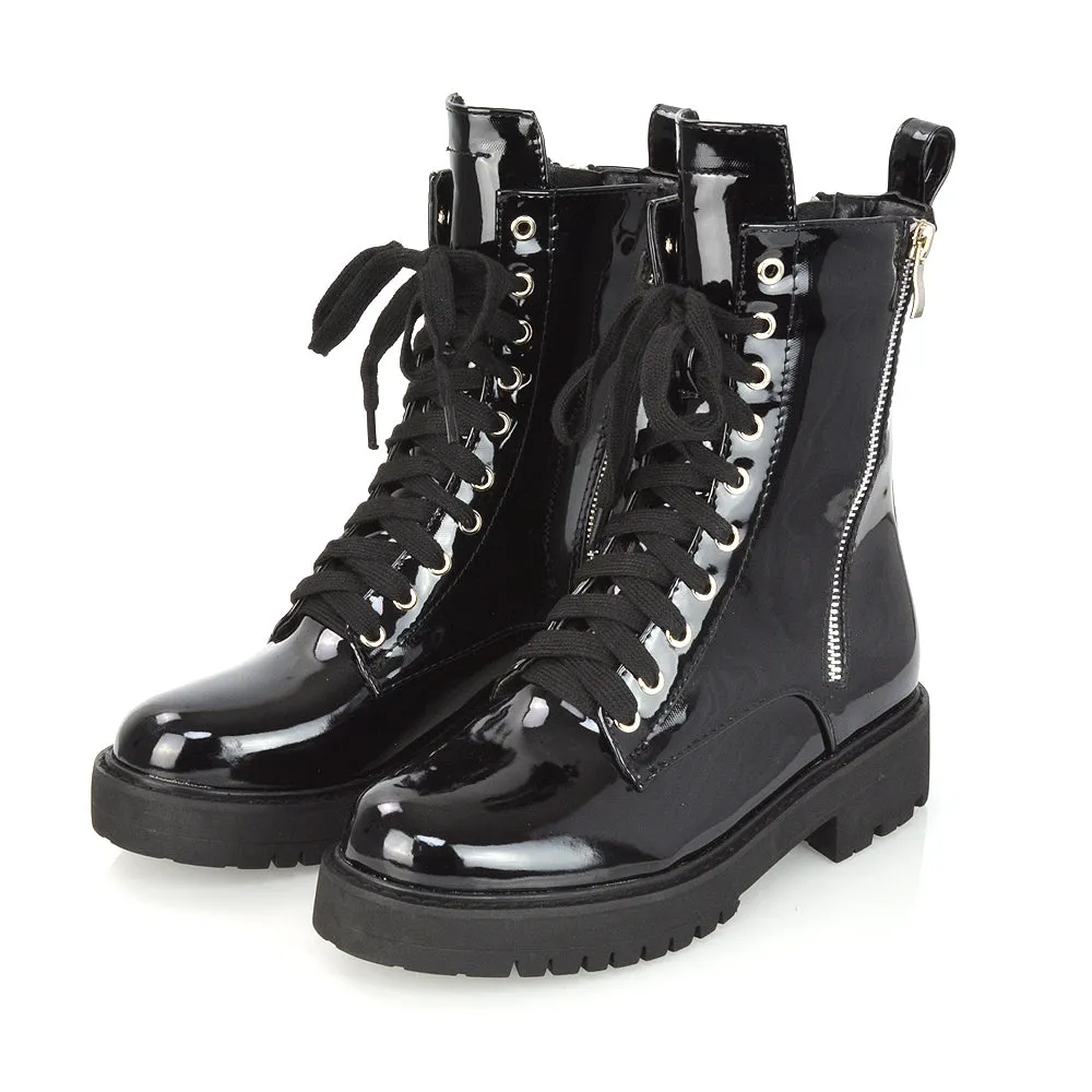 Bianca Flat Combat Lace up Chunky Military Biker Ankle Boots in Black Patent sold by XYlondon product image thumbnail 4