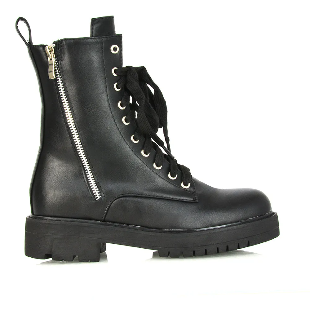 Bianca Flat Combat Lace up Chunky Military Biker Ankle Boots in Black Synthetic Leather sold by XYlondon product image thumbnail 3