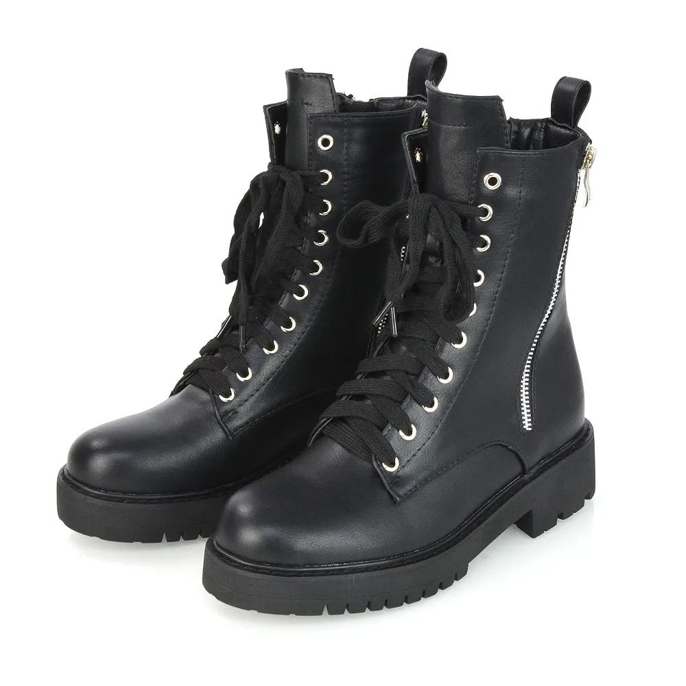 Bianca Flat Combat Lace up Chunky Military Biker Ankle Boots in Black Synthetic Leather sold by XYlondon product image thumbnail 4