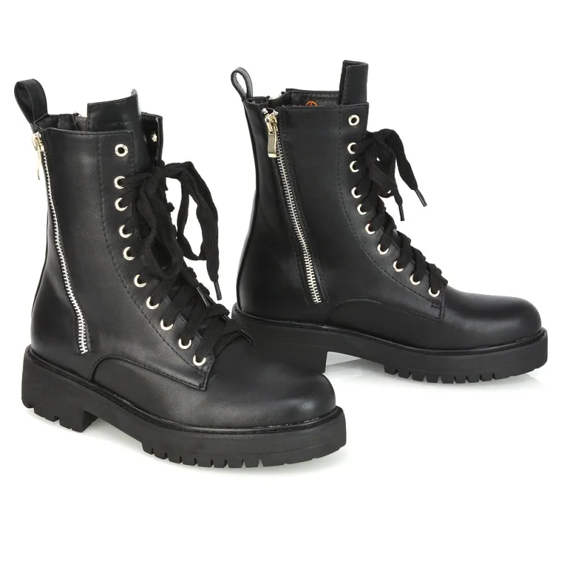 Bianca Flat Combat Lace up Chunky Military Biker Ankle Boots in Black Synthetic Leather sold by XYlondon