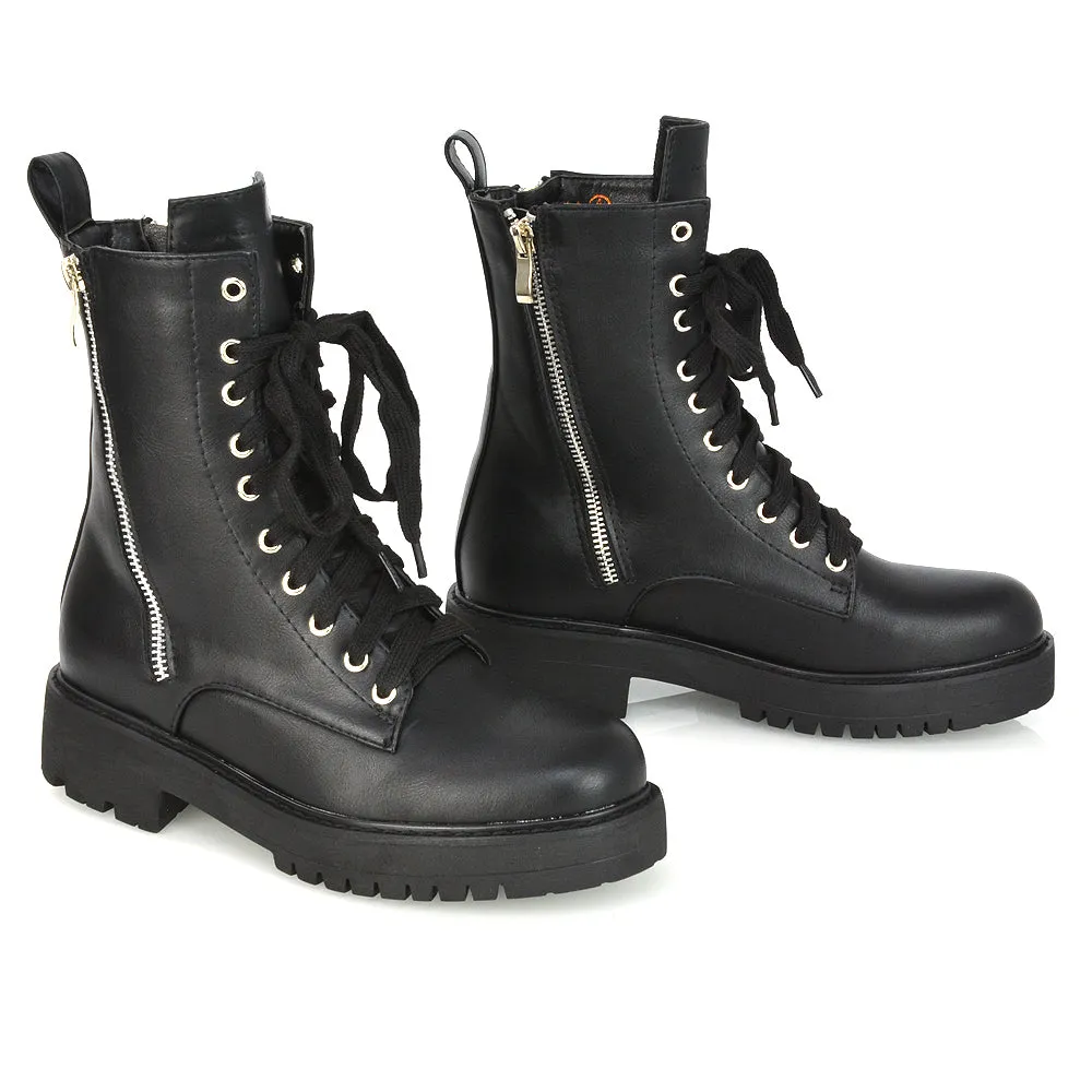 Bianca Flat Combat Lace up Chunky Military Biker Ankle Boots in Black Synthetic Leather sold by XYlondon