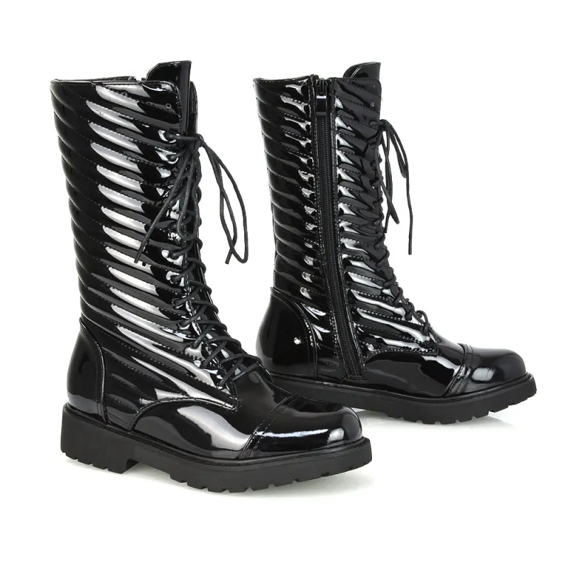 Meadow Padded Detail Zip-up Flat Biker Lace up Ankle Combat Boots in Black Patent sold by XYlondon