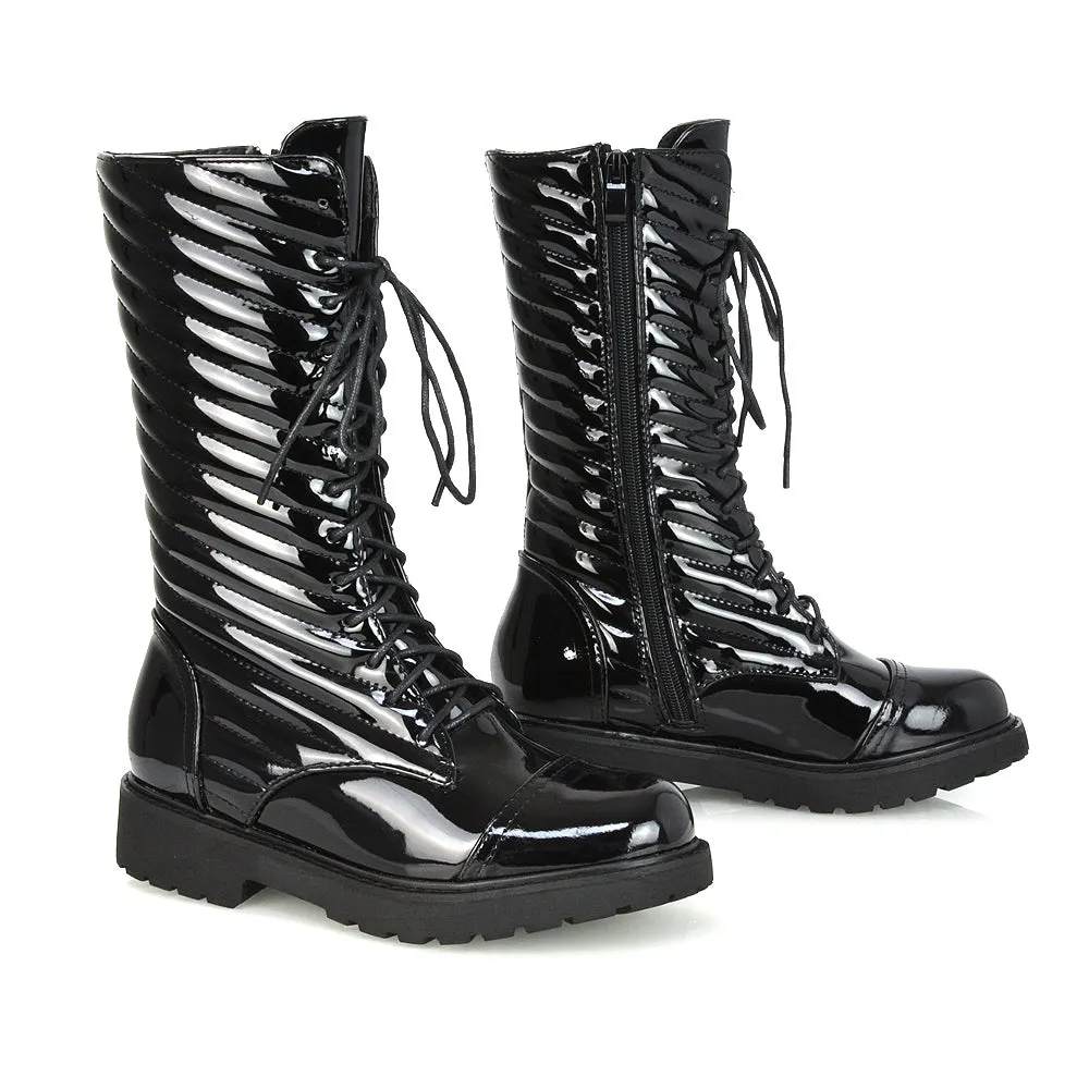 Meadow Padded Detail Zip-up Flat Biker Lace up Ankle Combat Boots in Black Patent sold by XYlondon