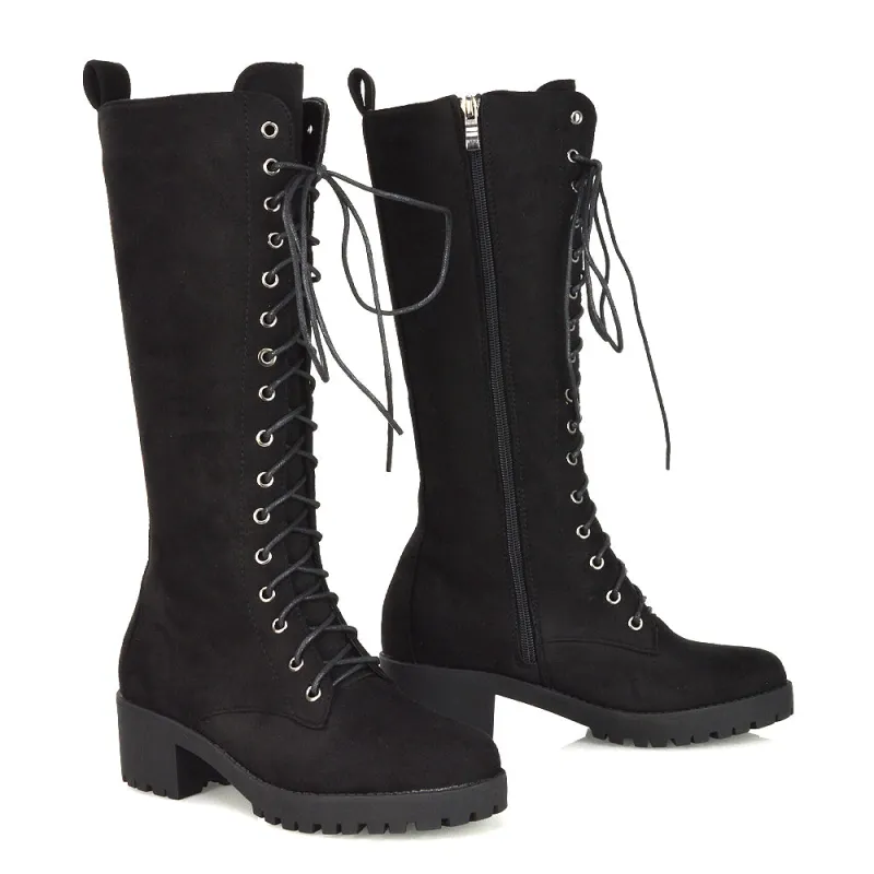 Aspen Lace Up Block High Heel Knee High Biker Boots In Black Faux Suede sold by XYlondon