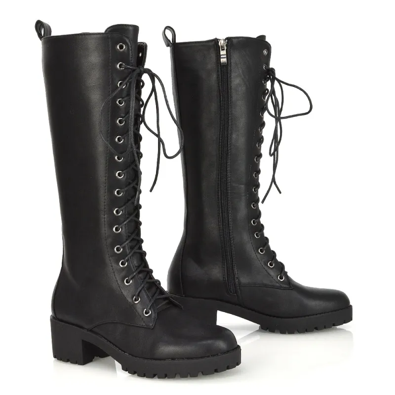 Aspen Lace Up Block High Heel Knee High Biker Boots In Black Synthetic Leather sold by XYlondon