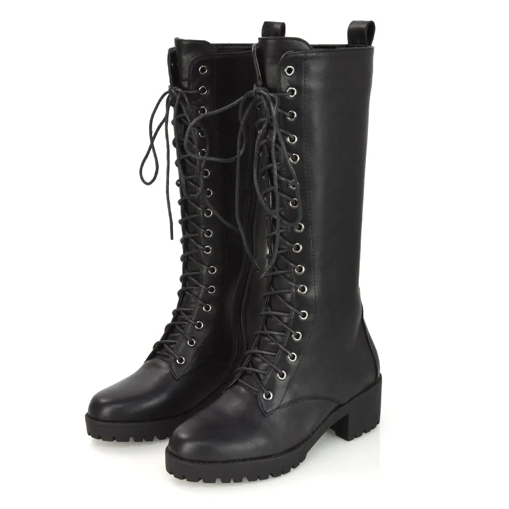 Aspen Lace Up Block High Heel Knee High Biker Boots In Black Synthetic Leather sold by XYlondon product image thumbnail 4