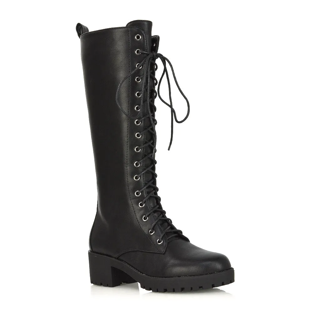 Aspen Lace Up Block High Heel Knee High Biker Boots In Black Synthetic Leather sold by XYlondon product image thumbnail 2