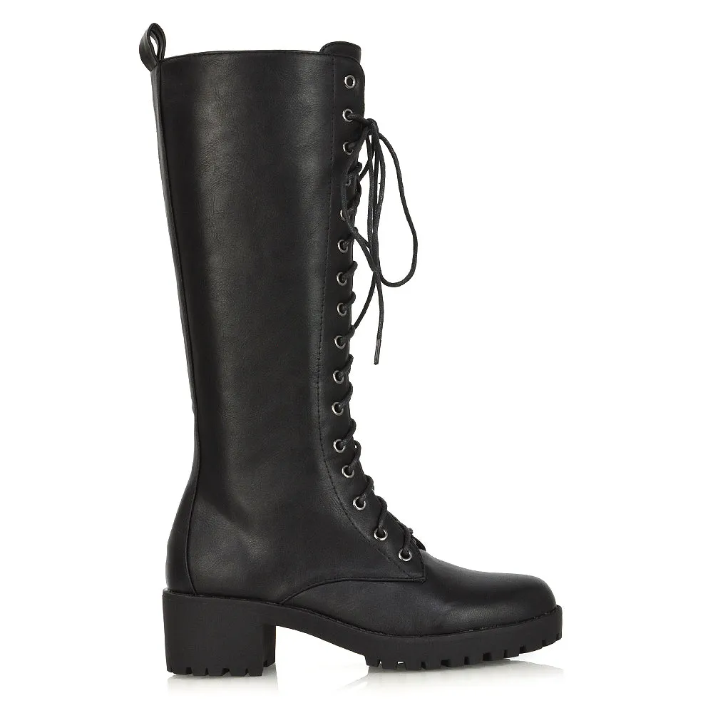 Aspen Lace Up Block High Heel Knee High Biker Boots In Black Synthetic Leather sold by XYlondon product image thumbnail 3