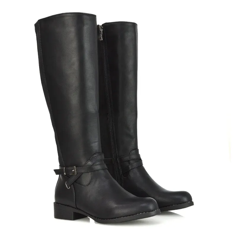 Everly Flat Knee High Low Block Heel Riding Flat Long Boots in Black Synthetic Leather made by XYlondon