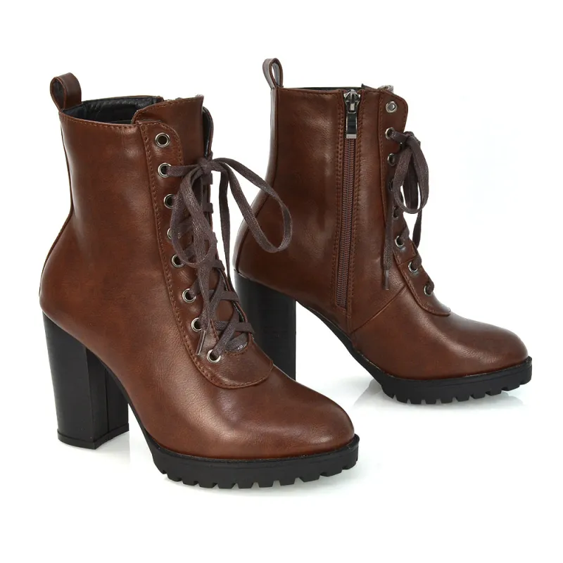 Ariel Chunky Lace up Block High Heel Zip-up Biker Ankle Boots in Brown Synthetic Leather made by XYlondon