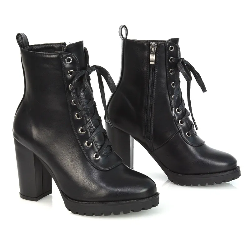 Ariel Chunky Lace up Block High Heel Zip-up Biker Ankle Boots in Black Synthetic Leather sold by XYlondon