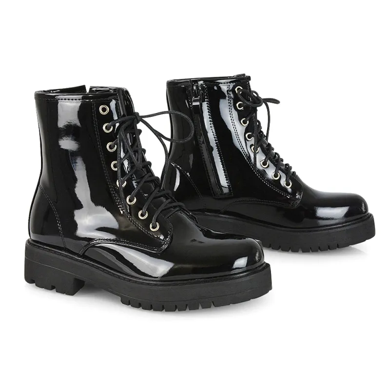 Hermoine Flat Chunky Low Block Heel Ankle Lace up Biker Boots in Black Patent sold by XYlondon