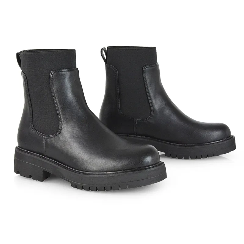 Karev Chunky Sole Elasticated Slip on Block Heel Chelsea Sock Ankle Boots in Black Pu sold by XYlondon