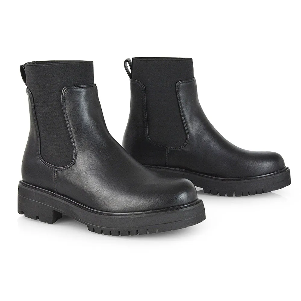 Karev Chunky Sole Elasticated Slip on Block Heel Chelsea Sock Ankle Boots in Black Pu sold by XYlondon
