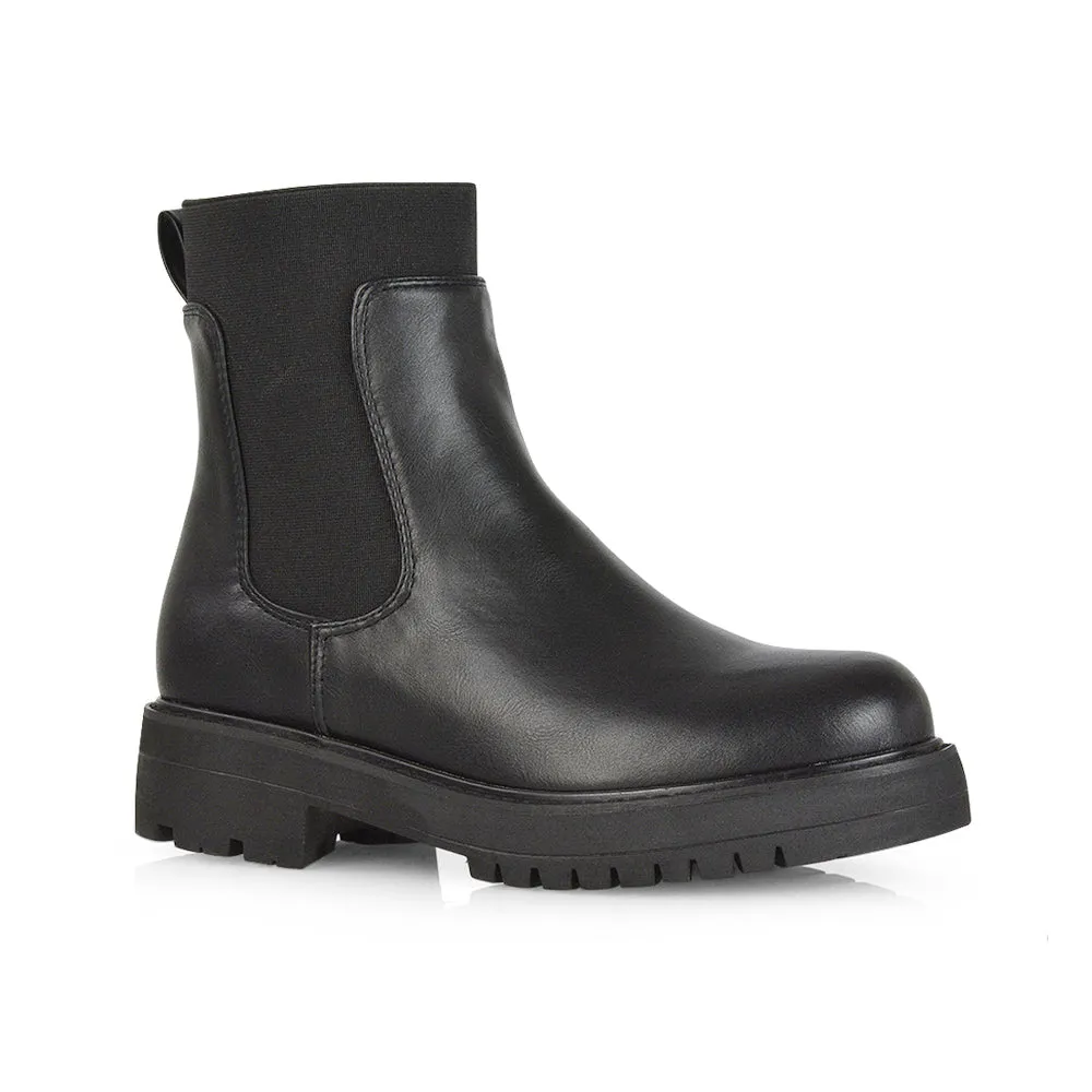 Karev Chunky Sole Elasticated Slip on Block Heel Chelsea Sock Ankle Boots in Black Pu sold by XYlondon product image thumbnail 2