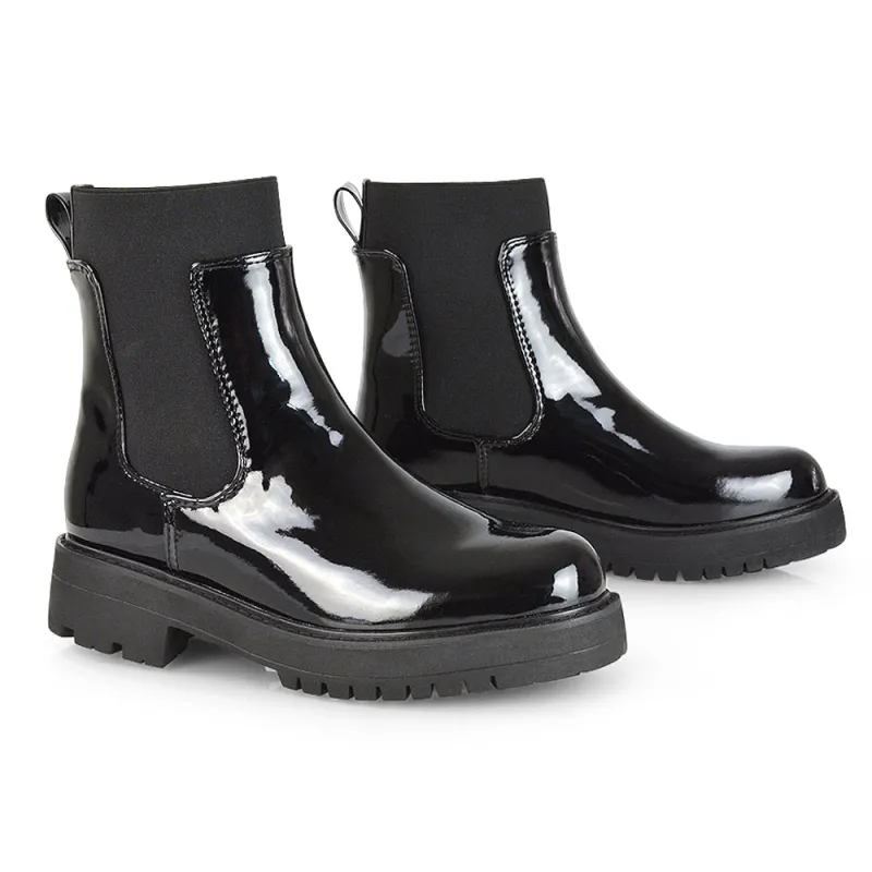Karev Chunky Sole Elasticated Slip on Block Heel Chelsea Sock Ankle Boots in Black Patent sold by XYlondon